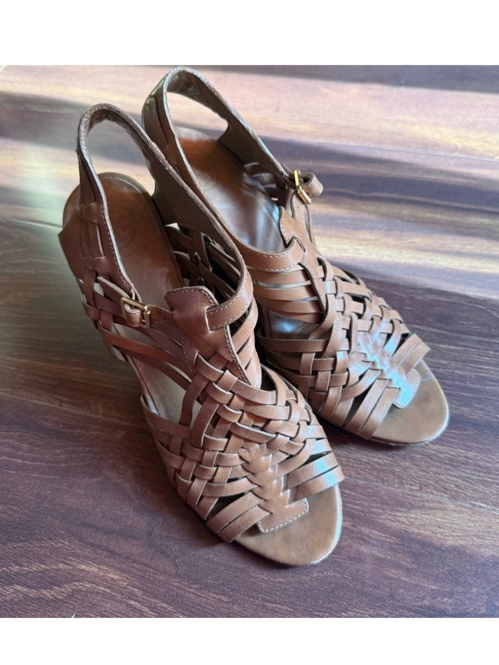 Tory Burch Brown Woven Leather Heeled Sandals